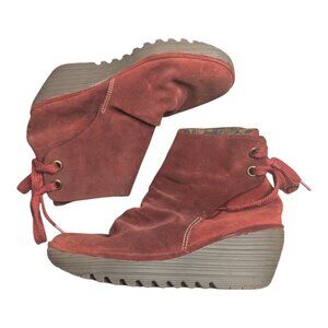 FLY London Womens Ankle Wedge Boots Booties Lace-Up Red Suede Size 40 (9-9.5 US)